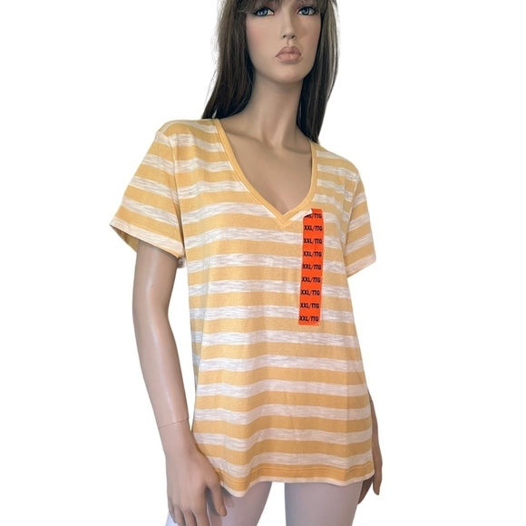 Nicole Miller Stripe Tee t-shirt Tank Top Yellow V-Neck Short Sleeve Hi Low NWOT - Picture 3 of 13
